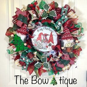 Handmade Christmas Tree Gnome Holiday Ribbon Door Wreath 22 ins W71